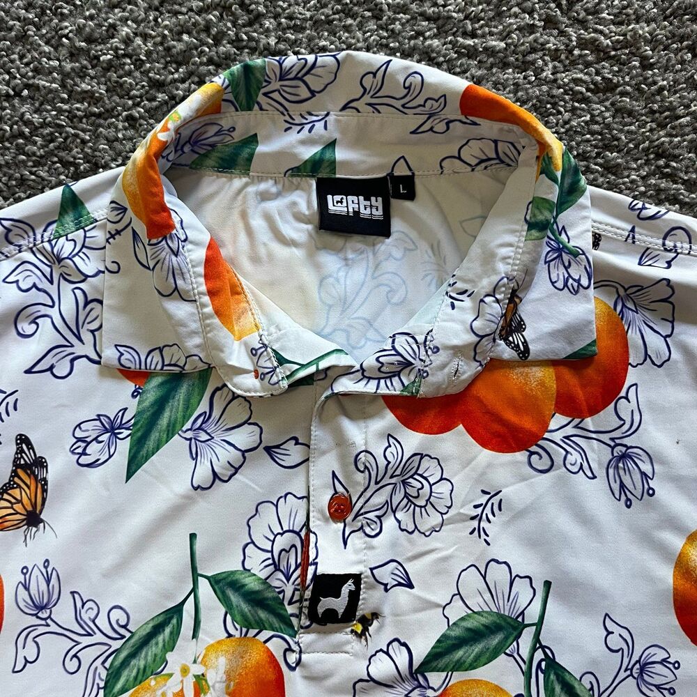 Lofty Llama Awesome Blossom Orange White Golf Polo Shirt Stretch Performance L - Picture 3 of 6